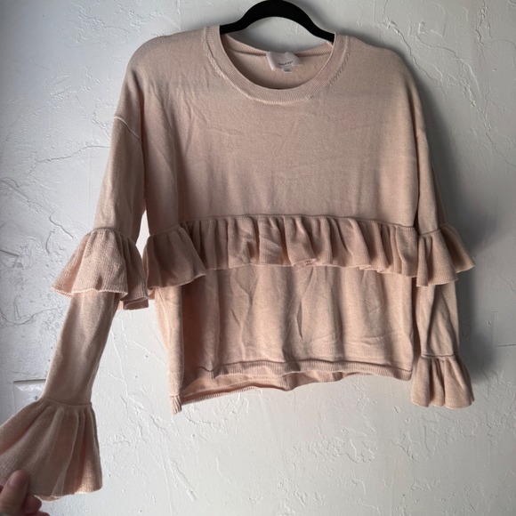 Cinq a Sept Beige Pink Silk Cashmere Ruffle Sweater XS Coquette Romantic - Picture 4 of 11